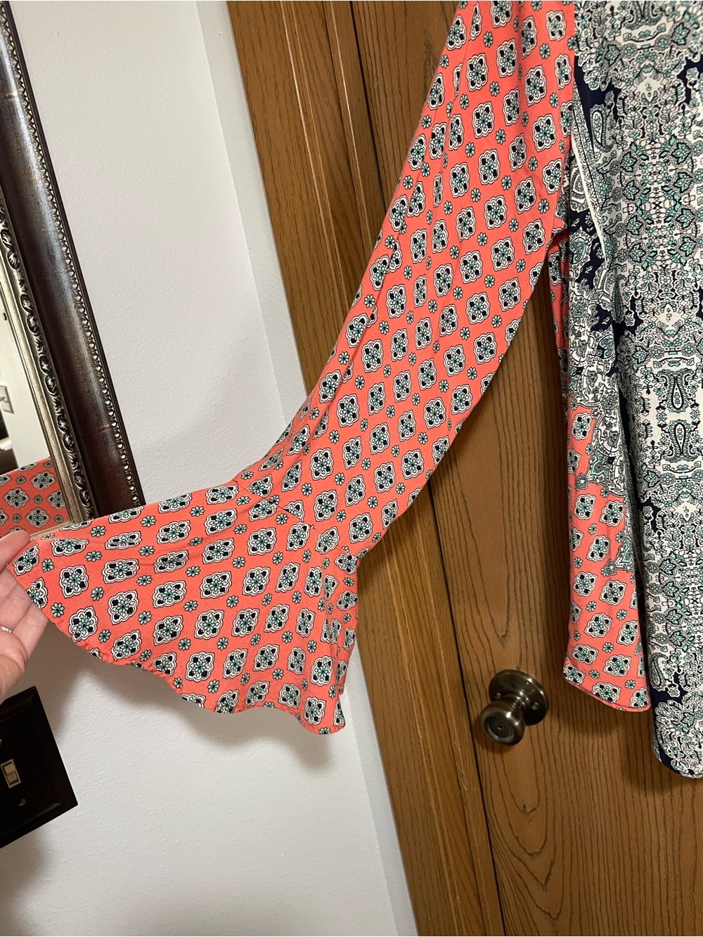 Unique Orange Paisley Top with Navy Printed Faux Cardigan - Picture 3 of 7